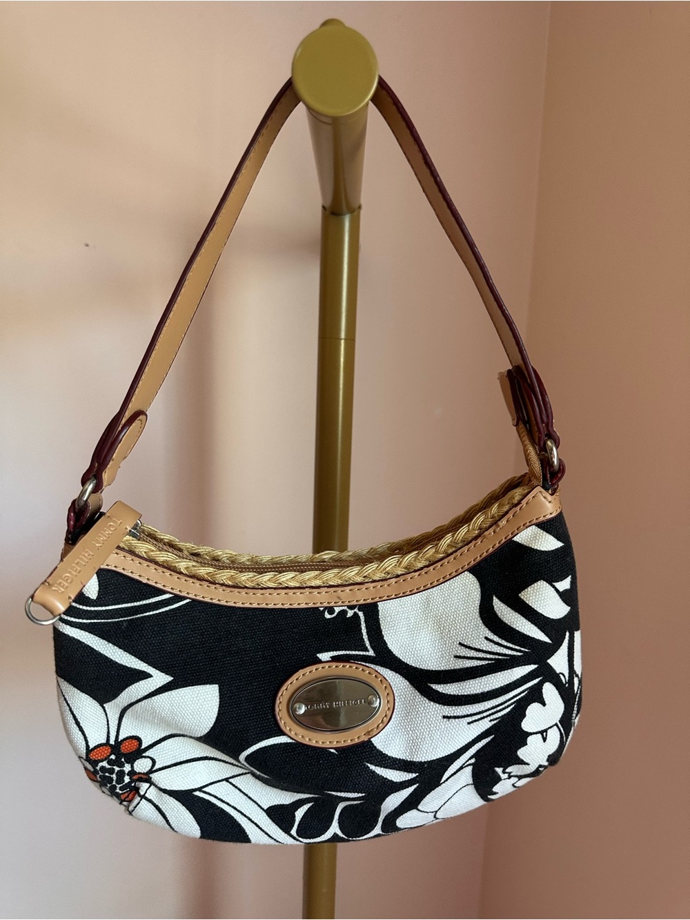 Tommy Hilfiger Black & White Floral Hobo with Tan Trim